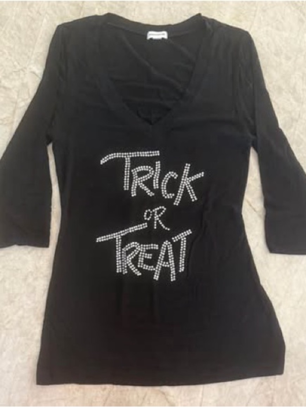 Zenana Outfitters Black Rhinestone 'Trick or Treat' V-Neck 3/4 Sleeve Top